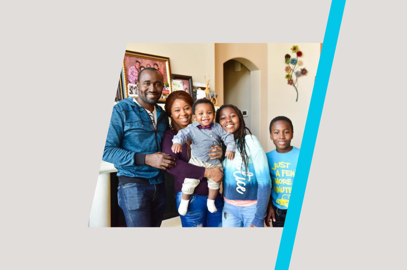 A portrait shows Silver Ehiwario smiling at the camera, surrounded by her family in her living room.