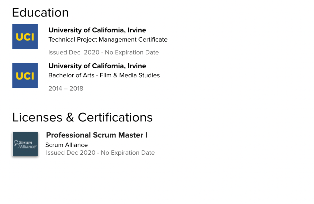 A screenshot of what the education section will look like on a finalized LinkedIn profile. 