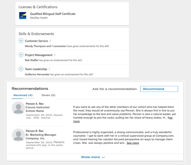 A screenshot shows the finalized Licenses, Endorsements, and Recommendations sections of a LinkedIn profile.