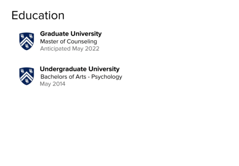 A screenshot shows what a finished Education section might look like. 