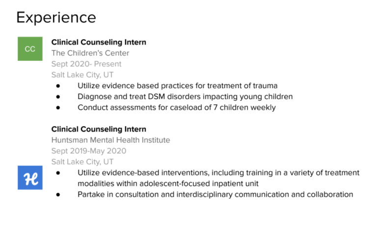 A screenshot shows what a finished Experience section might look like. 