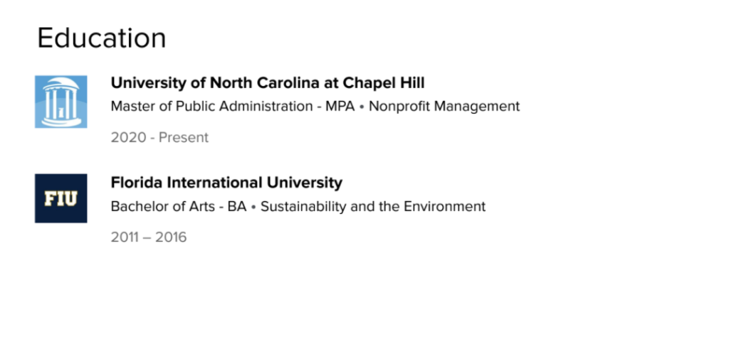 A screenshot shows what a finished Education section might look like. 