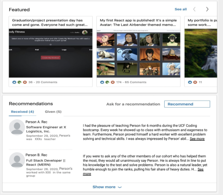 A screenshot shows a finished Recommendations section. 