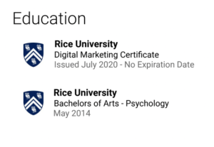 A screenshot shows a finished Education section.