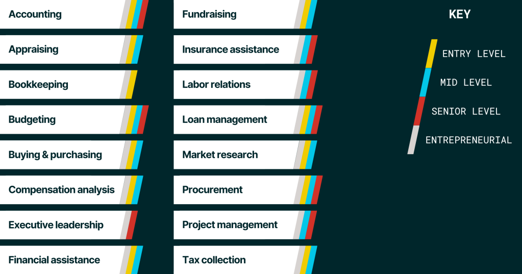 An infographic displays Business-related job titles and career levels.